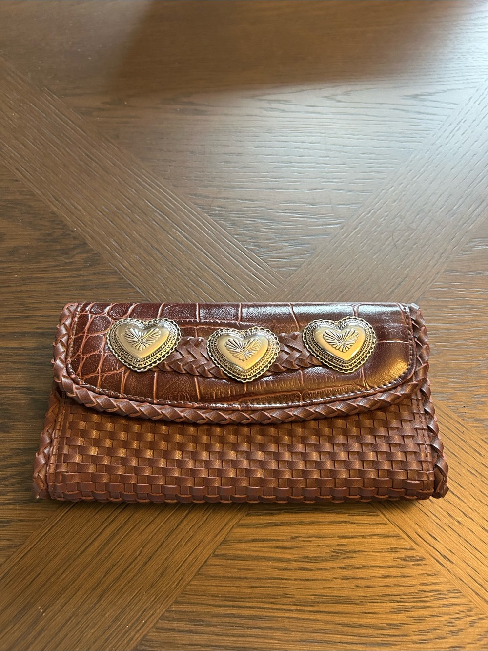Brighton Brown woven faux croc embossed Leather Wallet with Silver Heart Accents